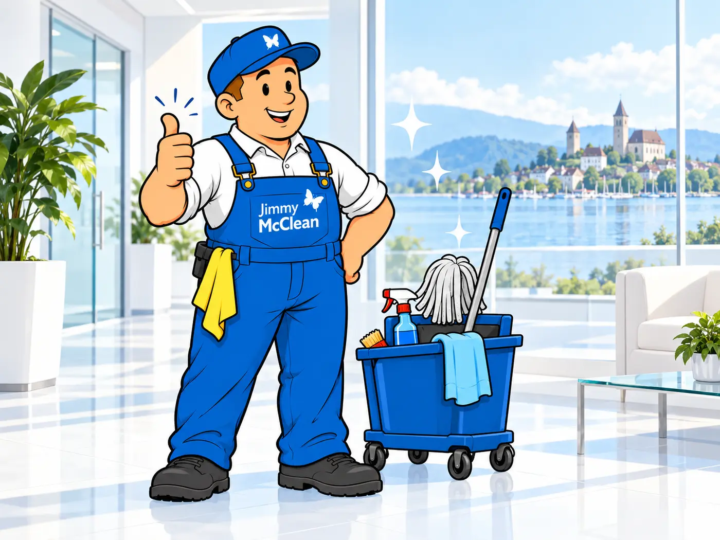 Die vollständige Jimmy-McClean-Referenzfigur mit Reinigungswagen vor Rapperswil