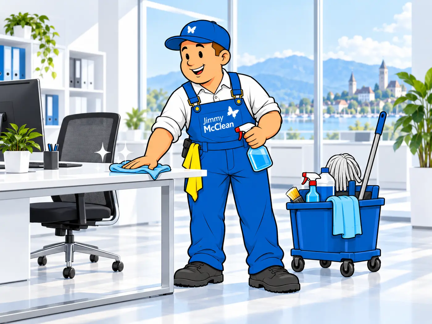 Jimmy reinigt einen Arbeitsplatz im Büro