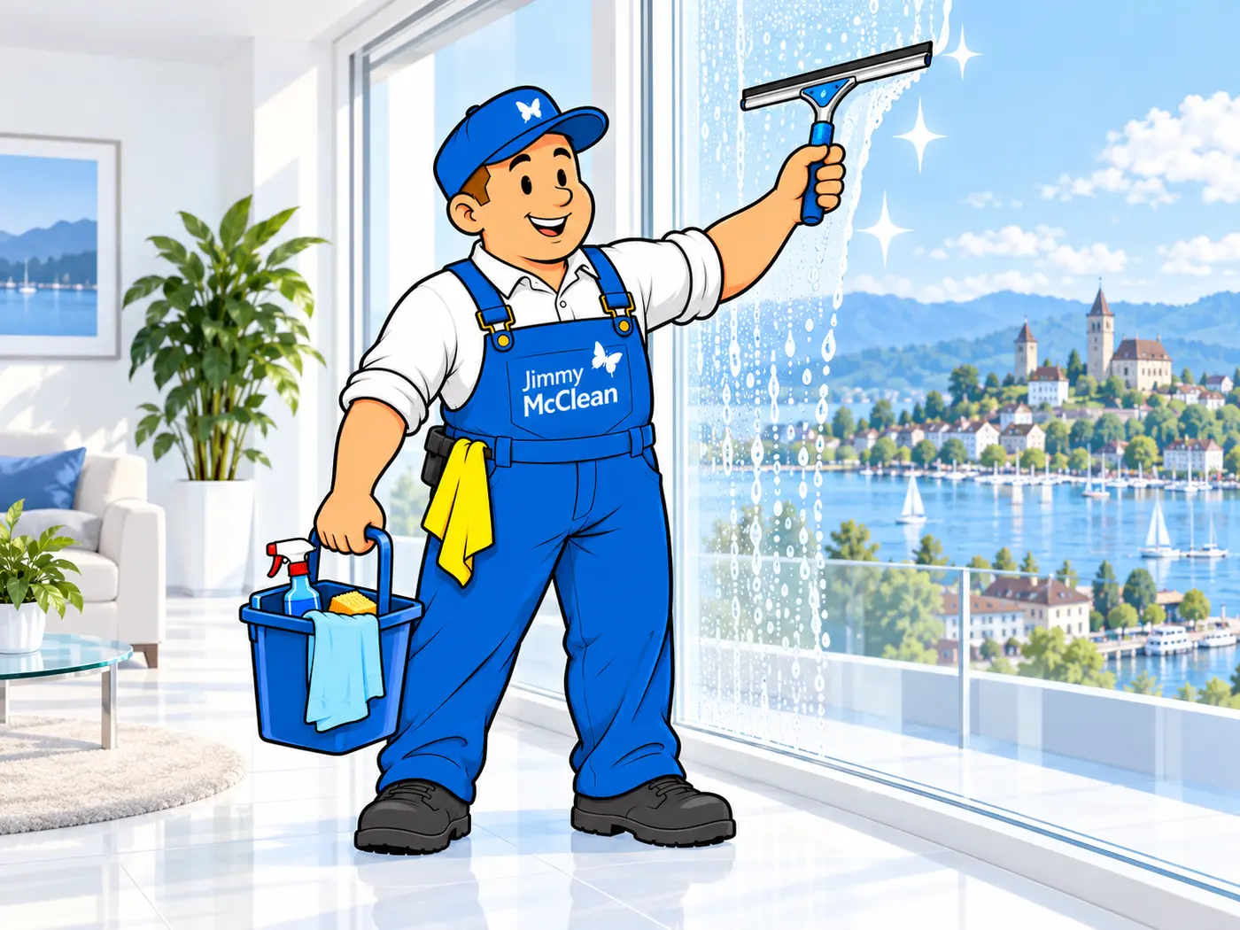 Jimmy reinigt ein Fenster mit einem mittig geführten Fensterwischer